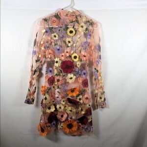 Finesse Sheer Long Sleeve Mini Dress with Fairy Floral Embroidery